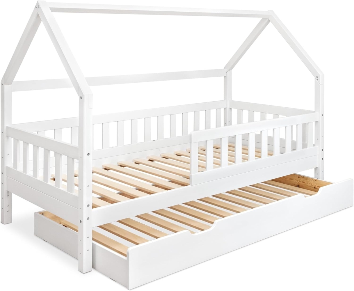 Ehrenkind® Hausbett | Kinderbett mit abnehmbaren Rausfallschutz aus Massivholz FSC zertifziert inkl. Lattenrost & Bettkasten | Hausbett 90x200 | Kinderbett 90x200 Weiß Bild 1