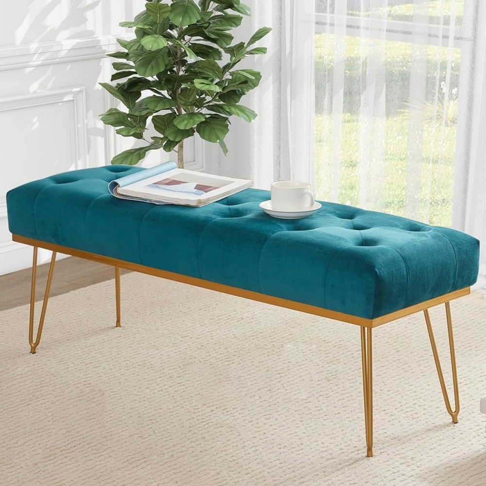 Shally Dogan Sitzbank aus Stoff, Ottomane mit hochdichter Polsterung, Mehrzweck-Eingangsbereich, ideal für Schlafzimmer, Wohnzimmer, Blau Bild 1