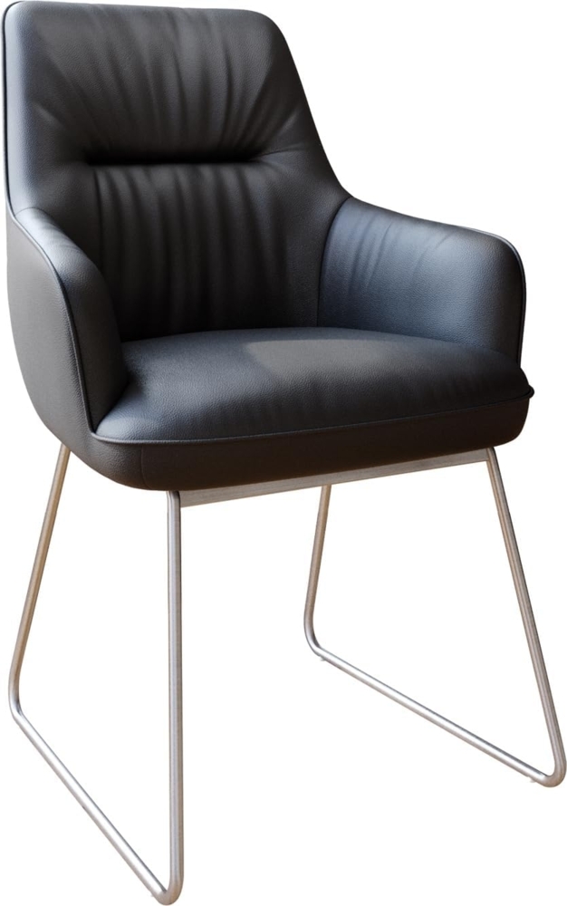 Esszimmerstuhl Zelia-Flex mit Armlehnen Echt-Leder Schwarz Kufengestell Edelstahl Taschenfederkern Bild 1