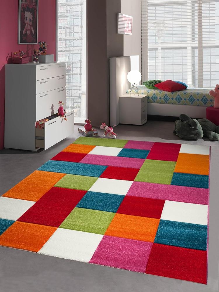 CARPETIA Kinderteppich Spielteppich Kinderzimmer Teppich Karo bunt türkis orange weiss rot pink Größe 160x230 cm Bild 1