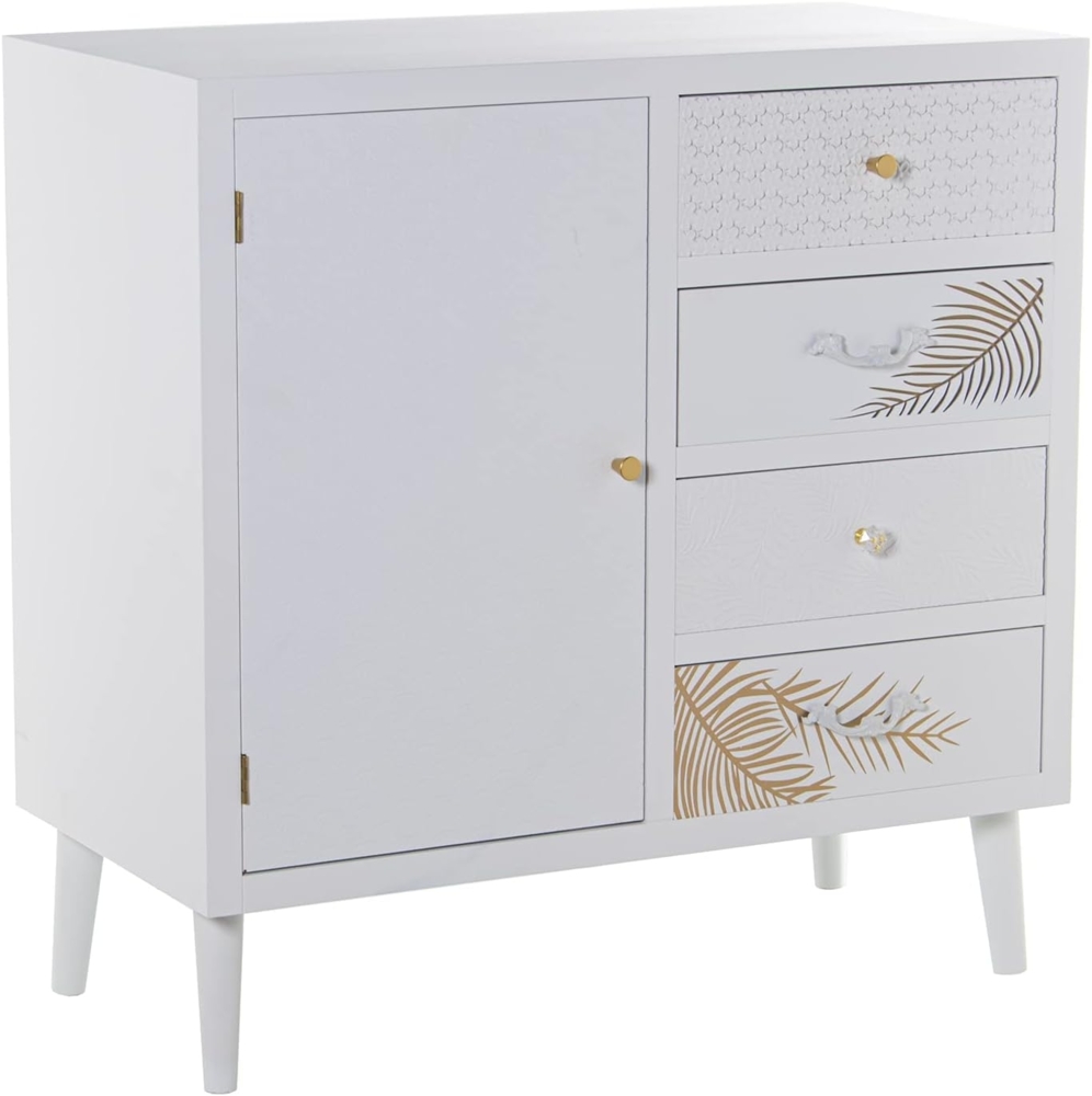 DRW Anrichte mit 1 Tür und 4 Schubladen aus Holz mit Relief Klinge in Weiß und Gold 80 x 40 x 80 cm Bild 1