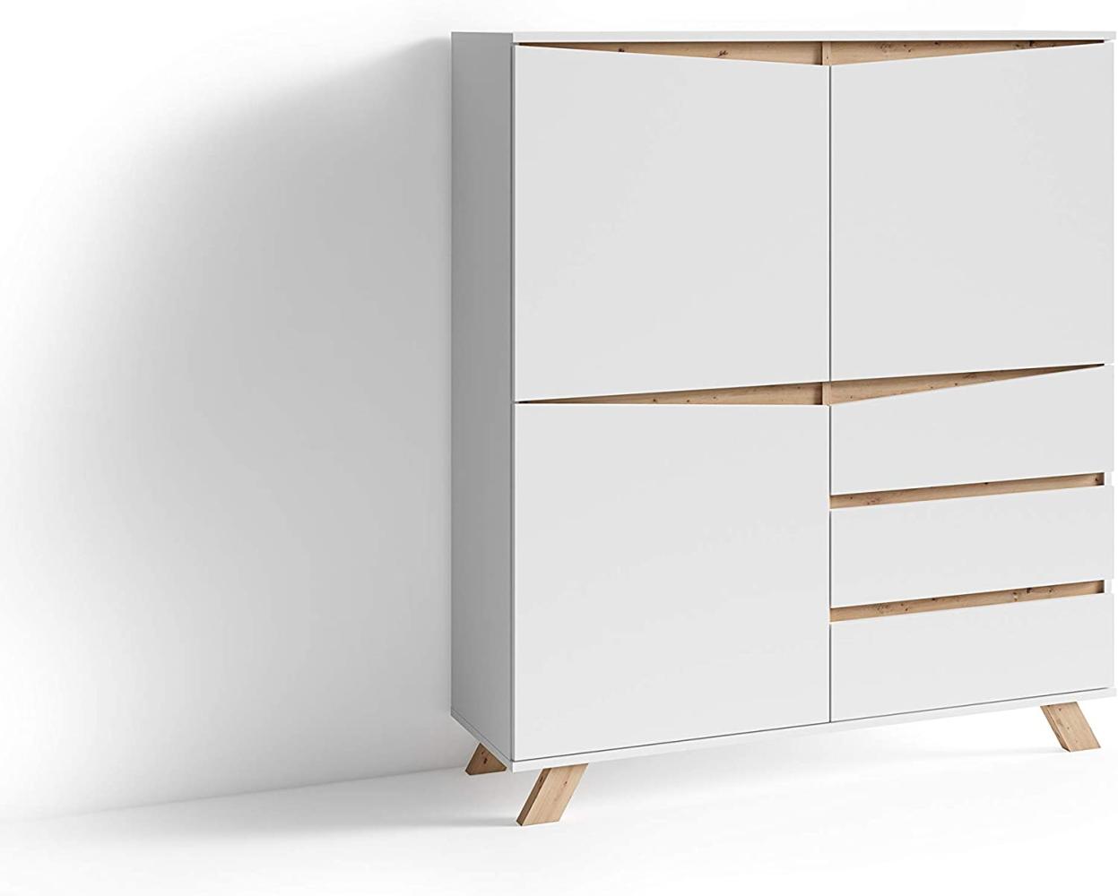 byLIVING Highboard VALENTIN / Sideboard matt weiß mit Absetzung in Eiche-Optik / Wohnzimmer-Schrank mit 3 Türen und 3 Schubkästen / Im Scandi-Style / Grifflos / B 120, H 142, T 38 cm Bild 1