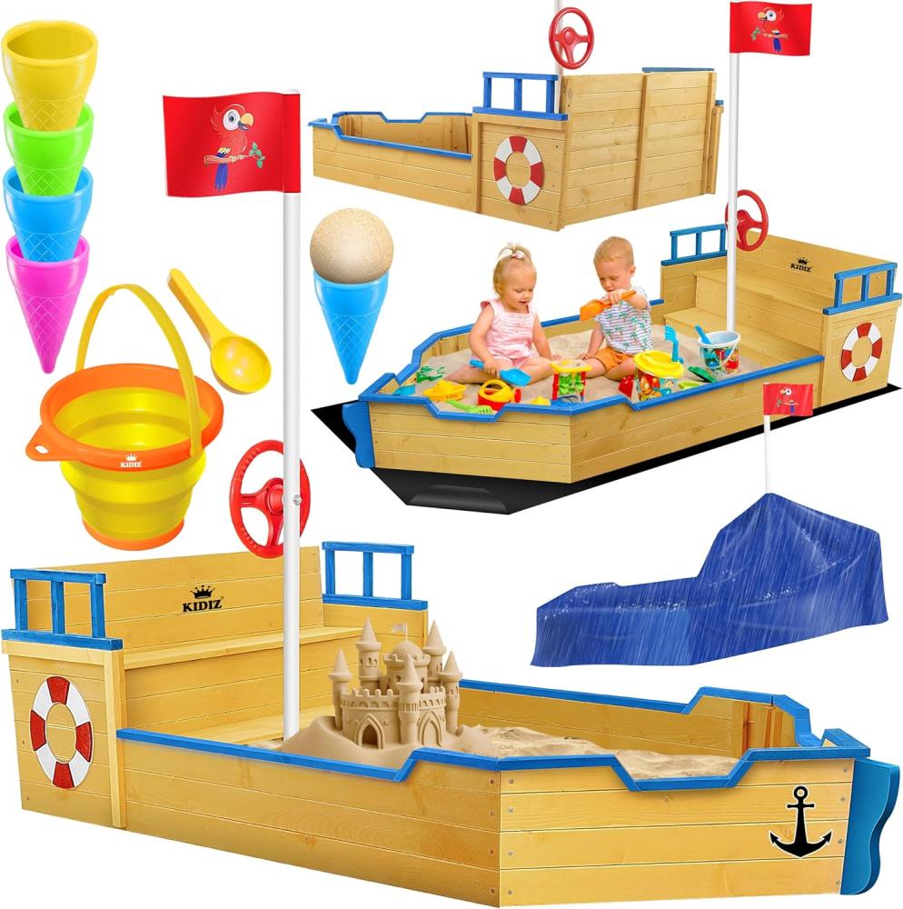 KIDIZ® Sandkasten Ahoi - Piratenschiff Boot Segelschiff aus Holz Inkl. Abdeckung, Bodenplane, Sitzbank, Flaggenmast, Sandspielzeug | Große Kinder Sandkiste für den Garten | Outdoor Sandbox Blau Bild 1