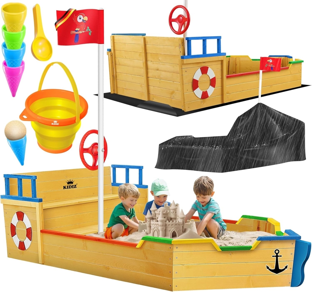 KIDIZ® Sandkasten Ahoi - Piratenschiff, Holz Natur/Blau, 195 x 94 x 136 cm Bild 1