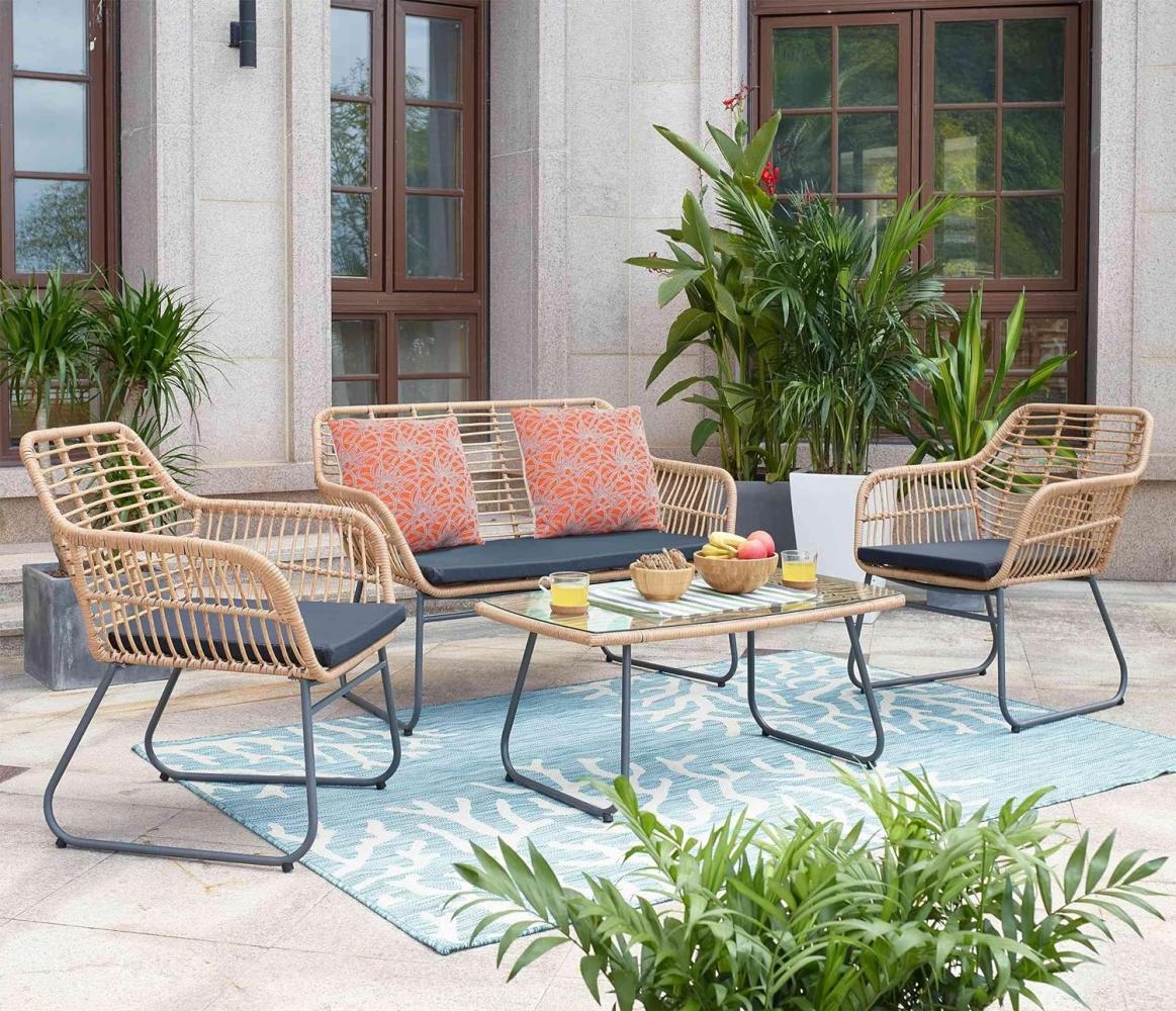 Polyrattan Garnitur HWC-G17a, Garten Sofa Set Sitzgruppe Stuhl, Seil ~ naturfarben, Polster anthrazit mit Dekokissen Bild 1