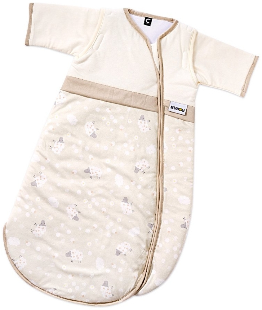 Gesslein Bubou Design 206: Temperaturregulierender Ganzjahreschlafsack, Schlafsack für Babys, Kinder, Größe 110, Beige mit Schafen, Natur Bild 1