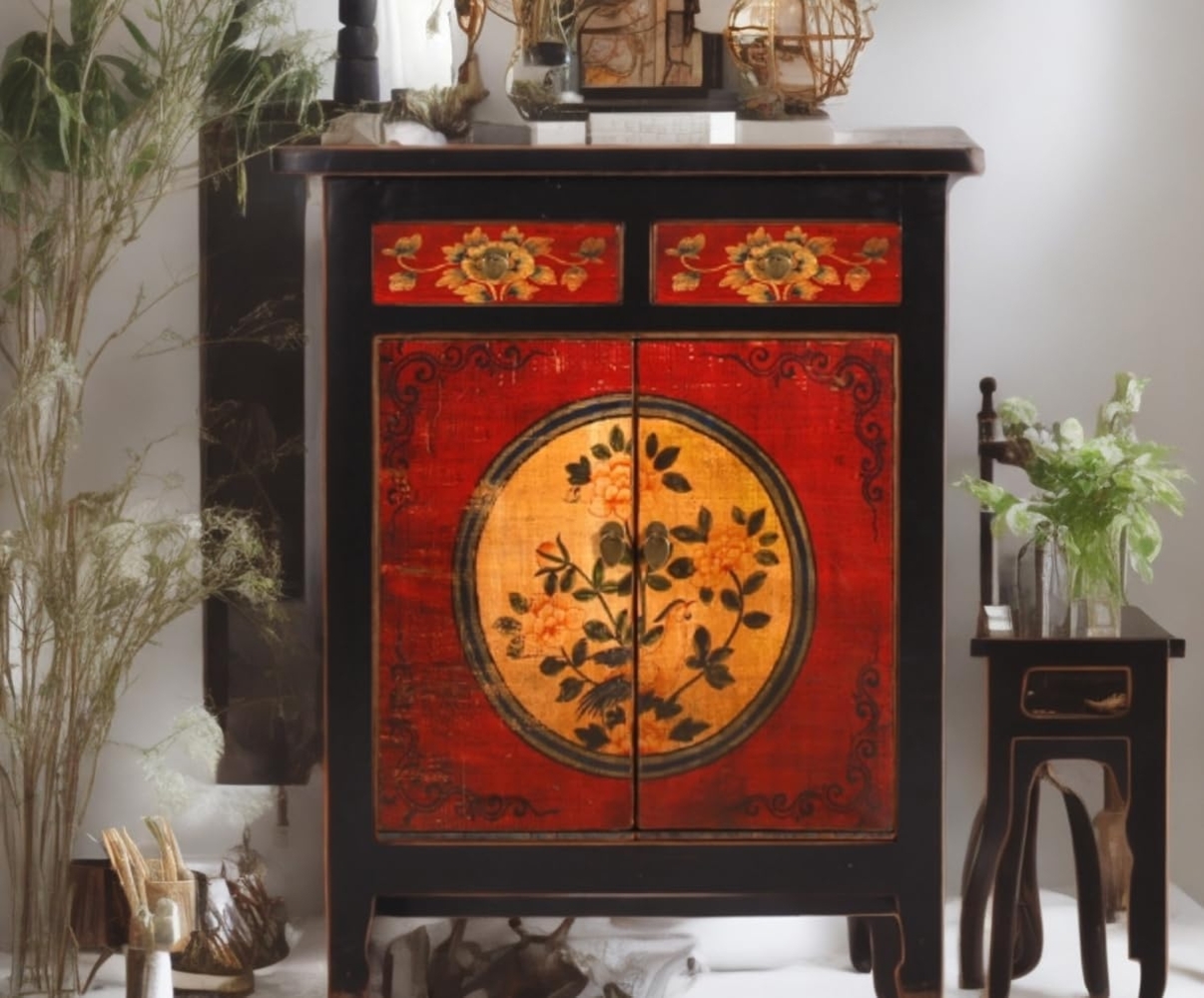 Highboard Vintage Rot Schwarz Schrank Kommode chinesisch asiatisch Kolonial-Stil Antik-Stil Sideboard orientalisch Fernost shabby-chic Landhaus Bild 1