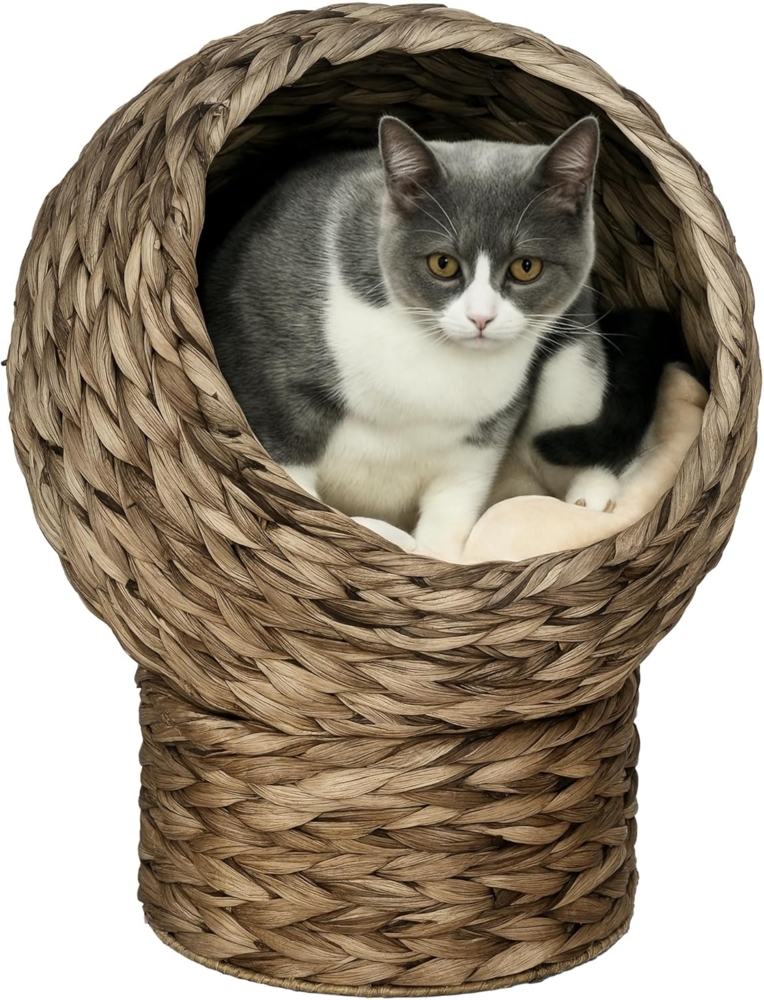 PawHut Tierhaus Katzenkorb aus Wasserhyazinthe, Katzenbett mit Kissen, für Katzen, Dunkelbraun Bild 1