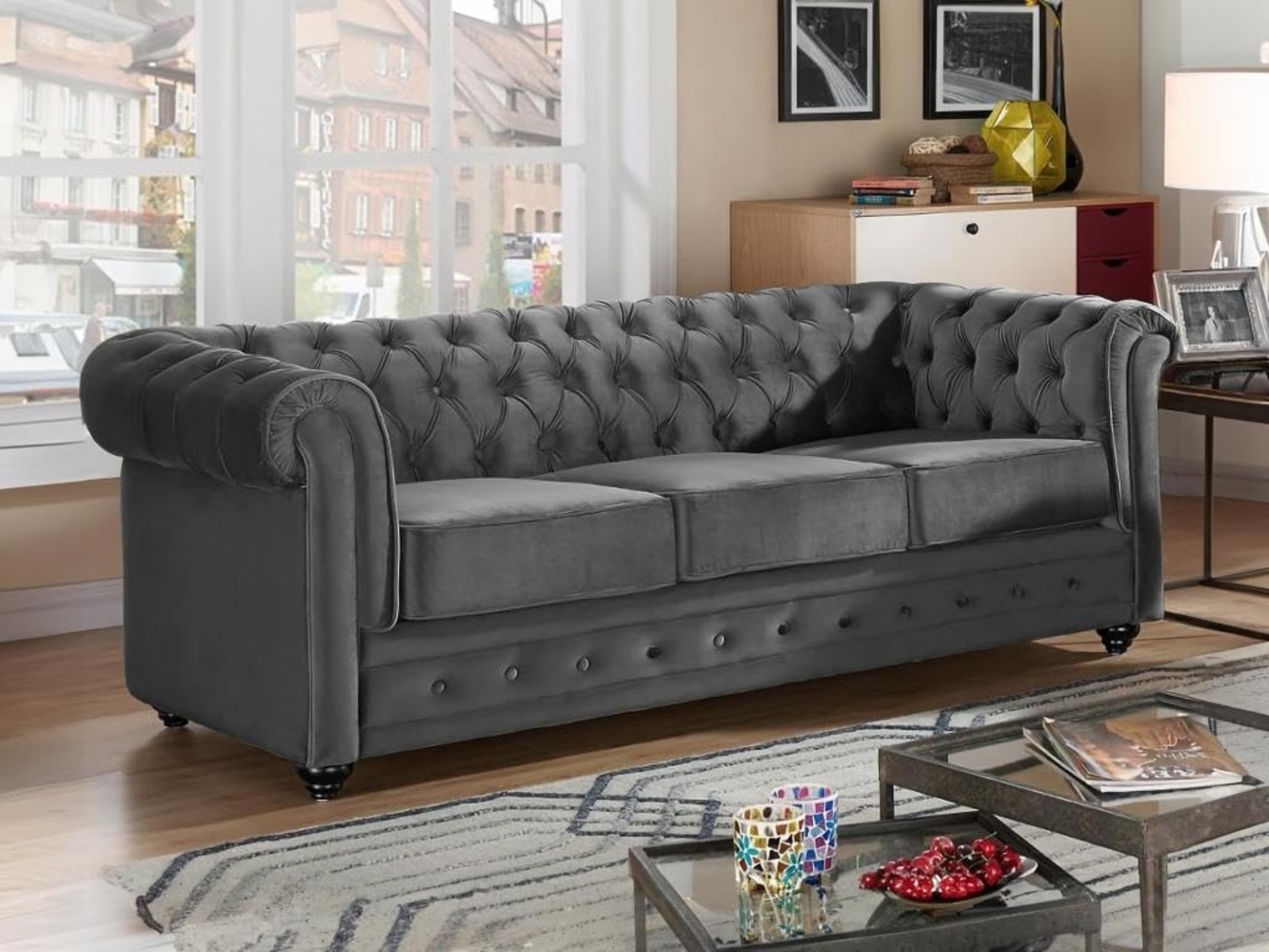 3-Sitzer-Sofa CHESTERFIELD - Samt - Anthrazit Bild 1