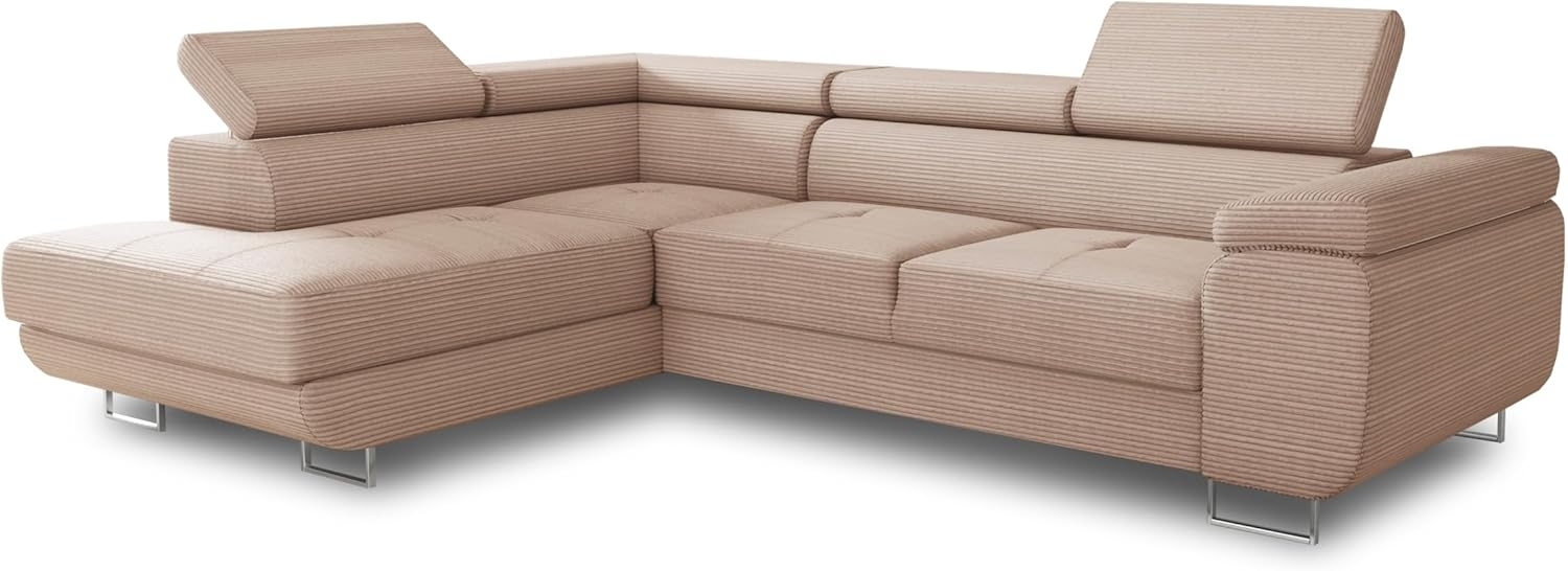 Ecksofa Caris mit Schlaffunktion und einstellbare Kopfstützen, Cord Stoff, Wohnlandschaft mit Bettkasten, Couch, Sofa, Bettsofa (Pink (Poso 052), Ecksofa Links) Bild 1