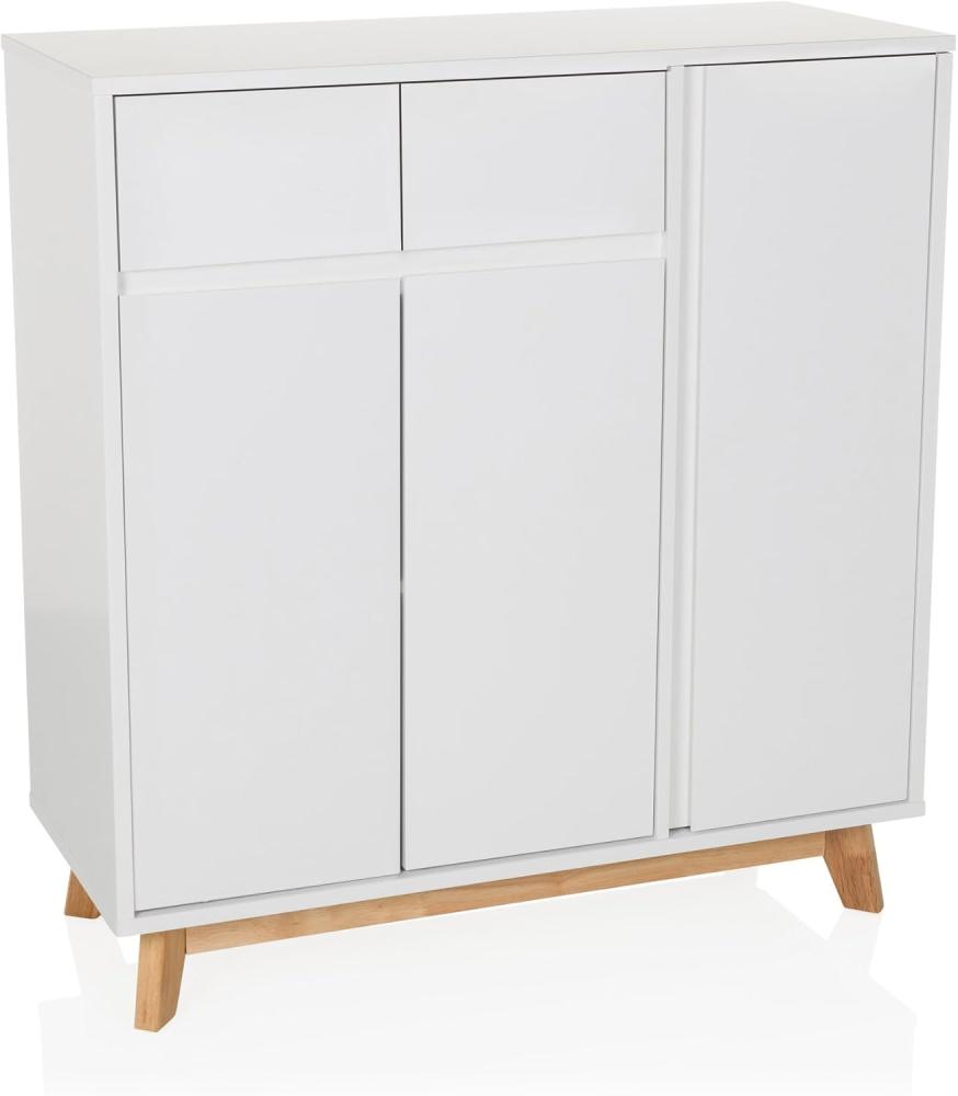 hjh LIVING Highboard mit 2 Schubladen, 3 Türen ESTHA Kommode im skandinavischen Stil, Soft-Close, griffloses Design, Schrank mit Holzbeinen, Weiß Bild 1