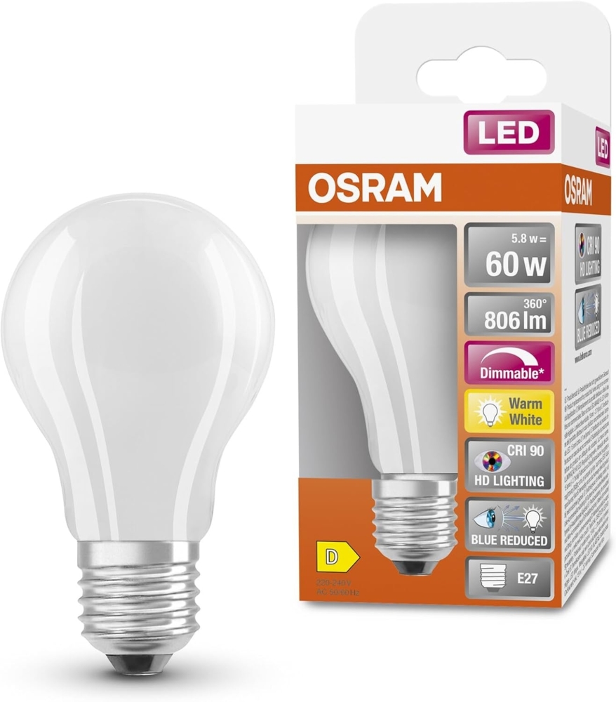 Osram Superstar dimmbare LED-Lampe mit besonders hoher Farbwiedergabe (CRI90) für E27-Sockel, mattes Glas,Warmweiß (2700K), 806 Lumen, Ersatz für herkömmliche 60W-Leuchtmittel, dimmbar, 1-er Pack Bild 1