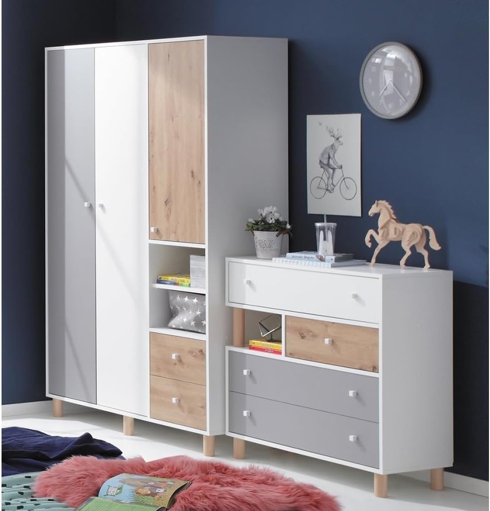 Lomadox Jugendzimmer-Set FAIRFAX-133, (Sparset, 2-tlg), Kleiderschrank und Kommode in weiß mit Eiche und grau Bild 1