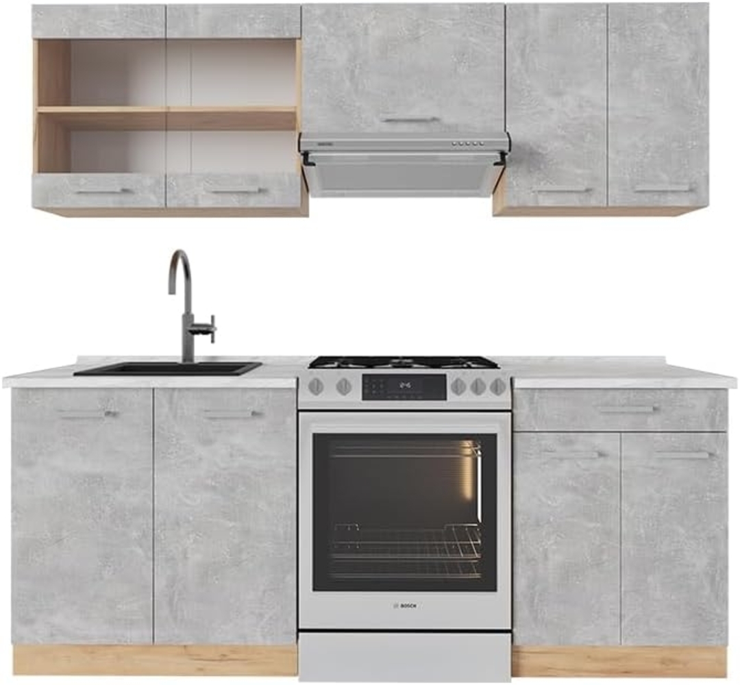 Küchenzeile R-Line Beton/Goldkraft Eiche 200 cm , AP Marmor Vicco Bild 1