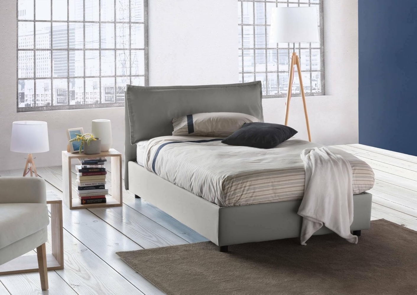 Talamo Italia Bett Veronica eineinhalb mit Container, Made in Italy, Kopfteil und Bezug aus Stoff, Frontöffnung, passend für Matratze 120x190 cm, Grau Bild 1