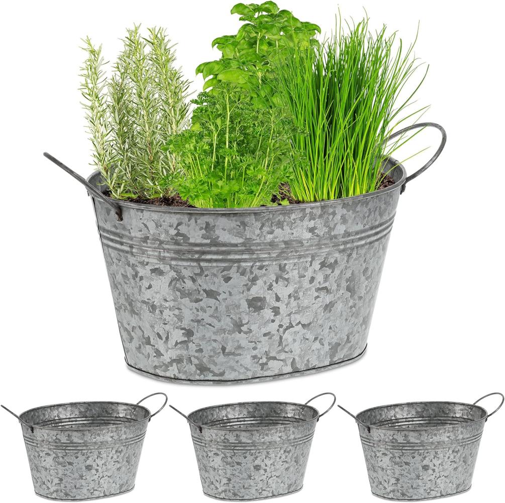 Relaxdays Zinkwanne 4er Set, verzinkte Blechwanne für Garten, ovale Kübel, Dekowannen, HxBxT: 15,5x29x17,5cm, Silber Bild 1