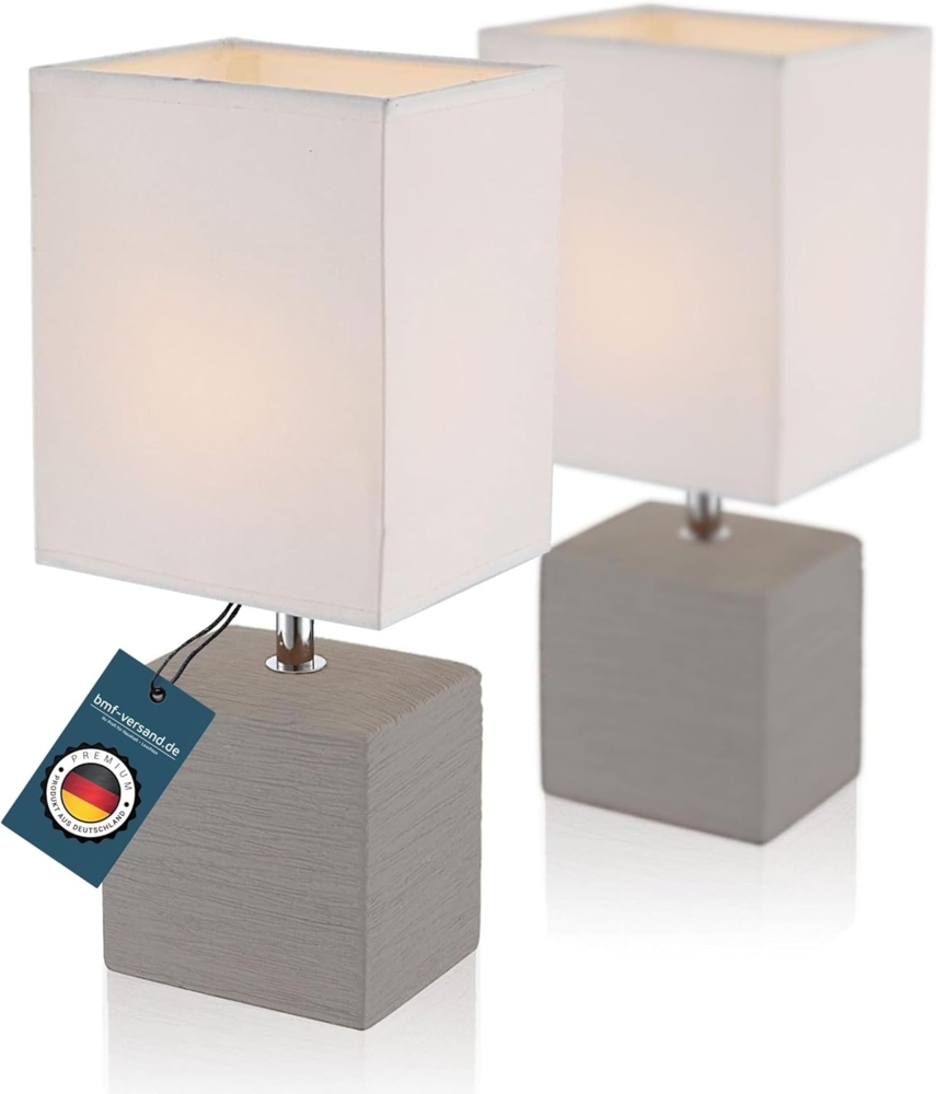 Nachttischlampe 2er Set Braun Lampenschirm Tischlampe Stoff Weiß Keramik eckig Bild 1
