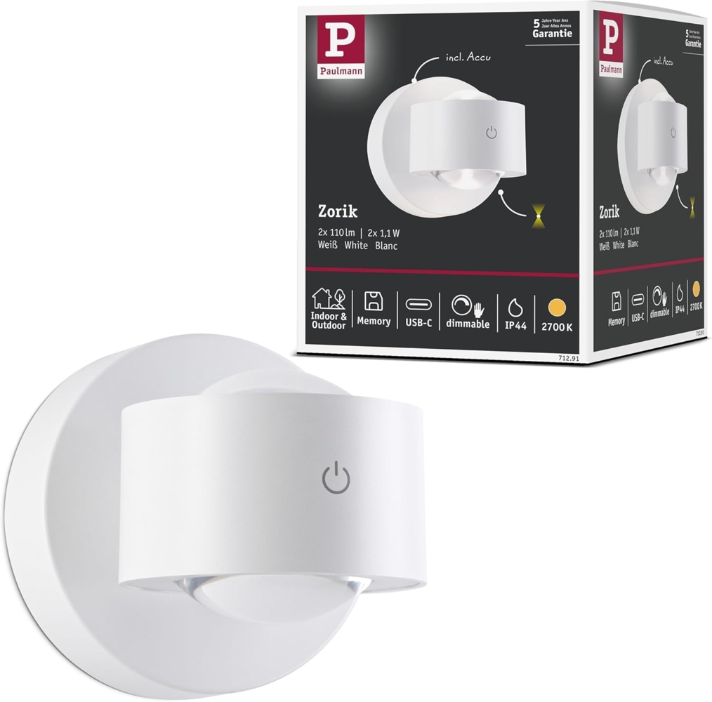 Paulmann 71291 LED Akkuwandleuchte Zorik Weiß dimmbar IP44 Bild 1