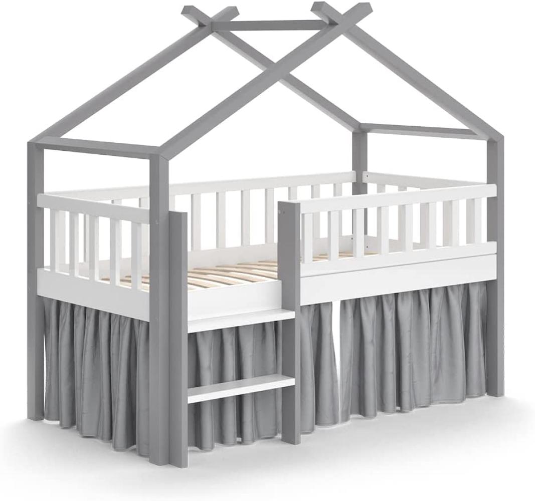 VitaliSpa Kinderbett Bettenhaus Einzelbett Adis Weiß Grau modern 168x158 cm Kinderzimmer Rausfallschutz Massivholz Lattenrost Bettleiter Hausbett Hochbett Bild 1