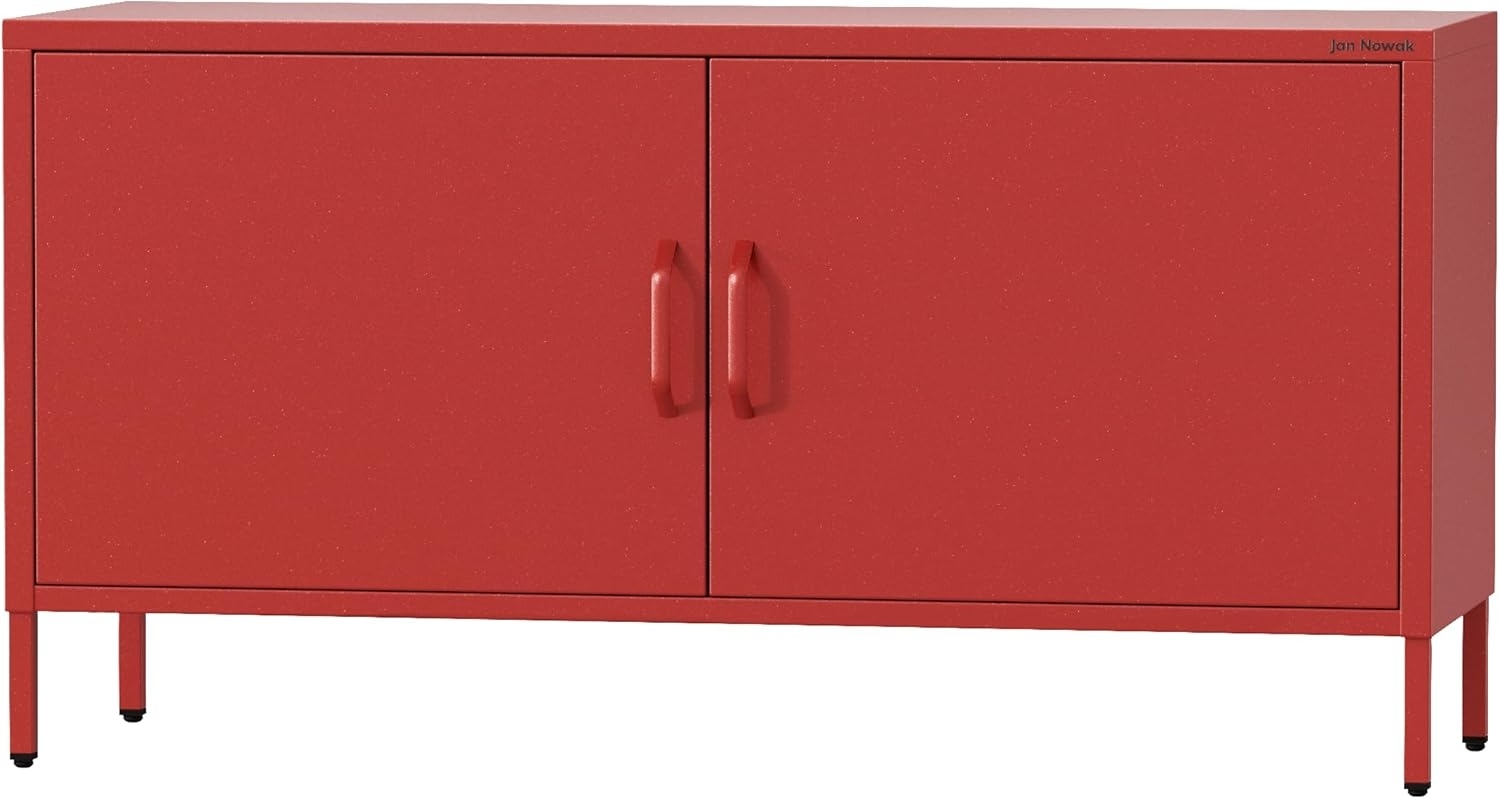 Jan Nowak TV Schrank, Fernsehschrank Metall - ROSA | TV Board Glitzernd für Wohnzimmer, Schlafzimmer | Industrial Loft Stil | Fernsehtisch mit Türen und Stauraum | 115 x 59,5 x 40 cm | Rot Bild 1