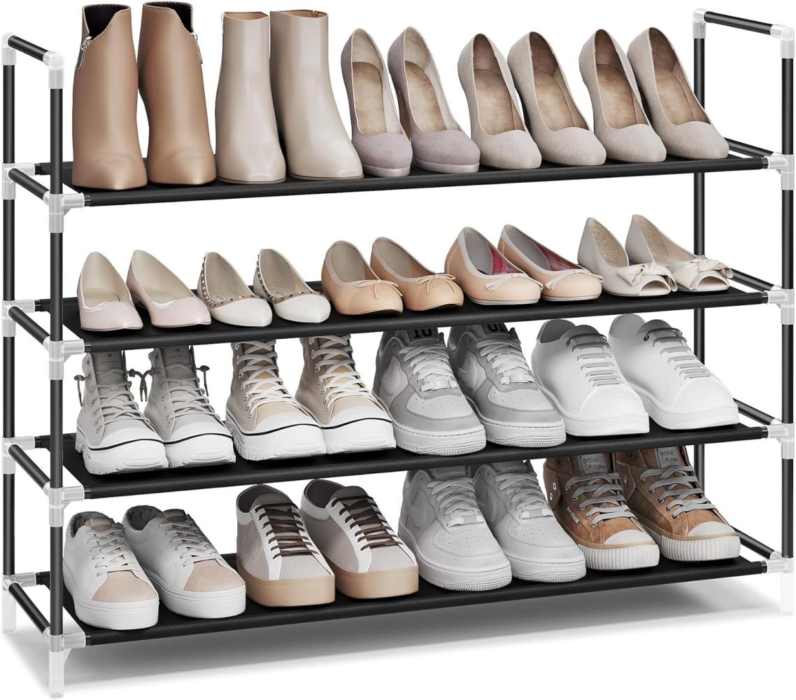 SONGMICS Schuhregal mit 4 Ebenen, Standregal, Schuhaufbewahrung, platzsparend, Metallrahmen, Vliesstoff, für Wohnzimmer, Eingang, Flur und Garderobe, schwarz LSH054B01 Bild 1