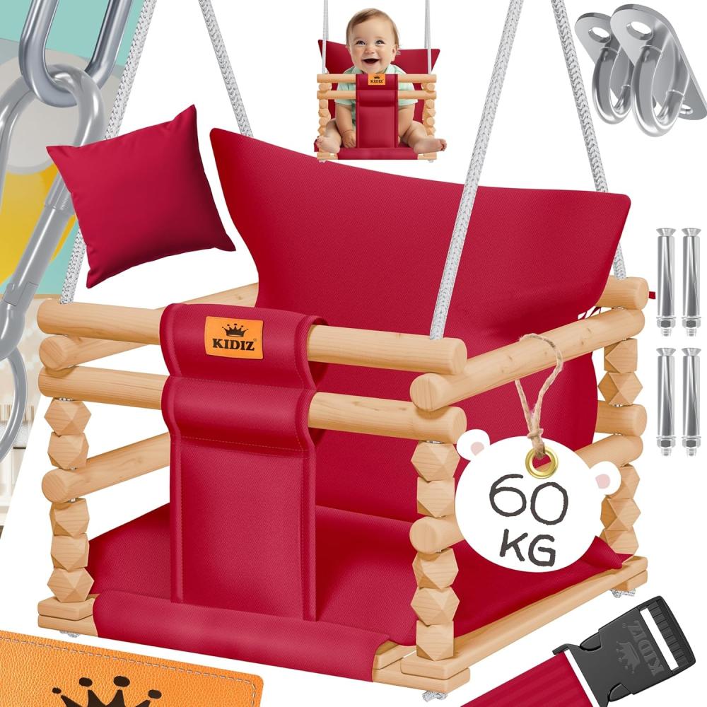 KIDIZ® Babyschaukel Kinderschaukel Schaukelsitz mit Polsterung | Holz-Schaukel mit Anti-Kipp bis 60KG | Höhenverstellbar Indoor & Outdoor | 0,5 - 3 Jahre | Montagezubehör & Sicherheitsgurt Bordeaux Bild 1