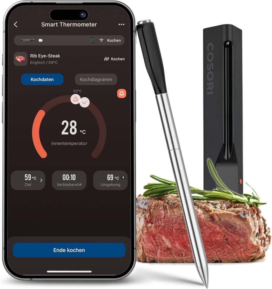 COSORI Erstes Smartes Fleischthermometer, Kabelloses Grillthermometer Bluetooth, perfekt für Heißluftfritteuse, Bratenthermometer für Küche und Grill, Spülmaschinenfest, Schwarz Bild 1