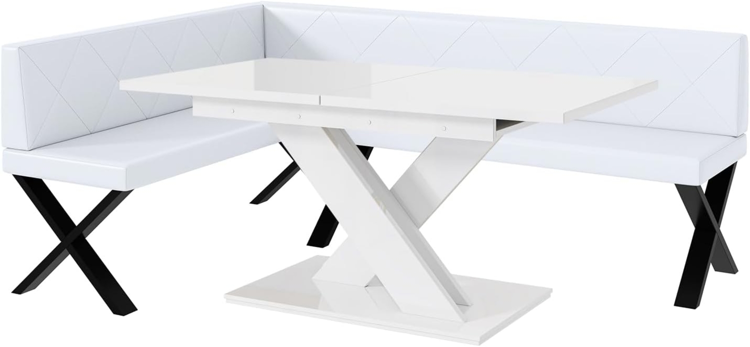 MEBLINI Eckbank für Esszimmer mit ausziehbarem Tisch - Küchenbank - Essecke - Sitzecke Küche - ERIC - X-Beine 142x196x87cm Links - Weiß Kunstleder/B Weiß Hochgl. Bild 1