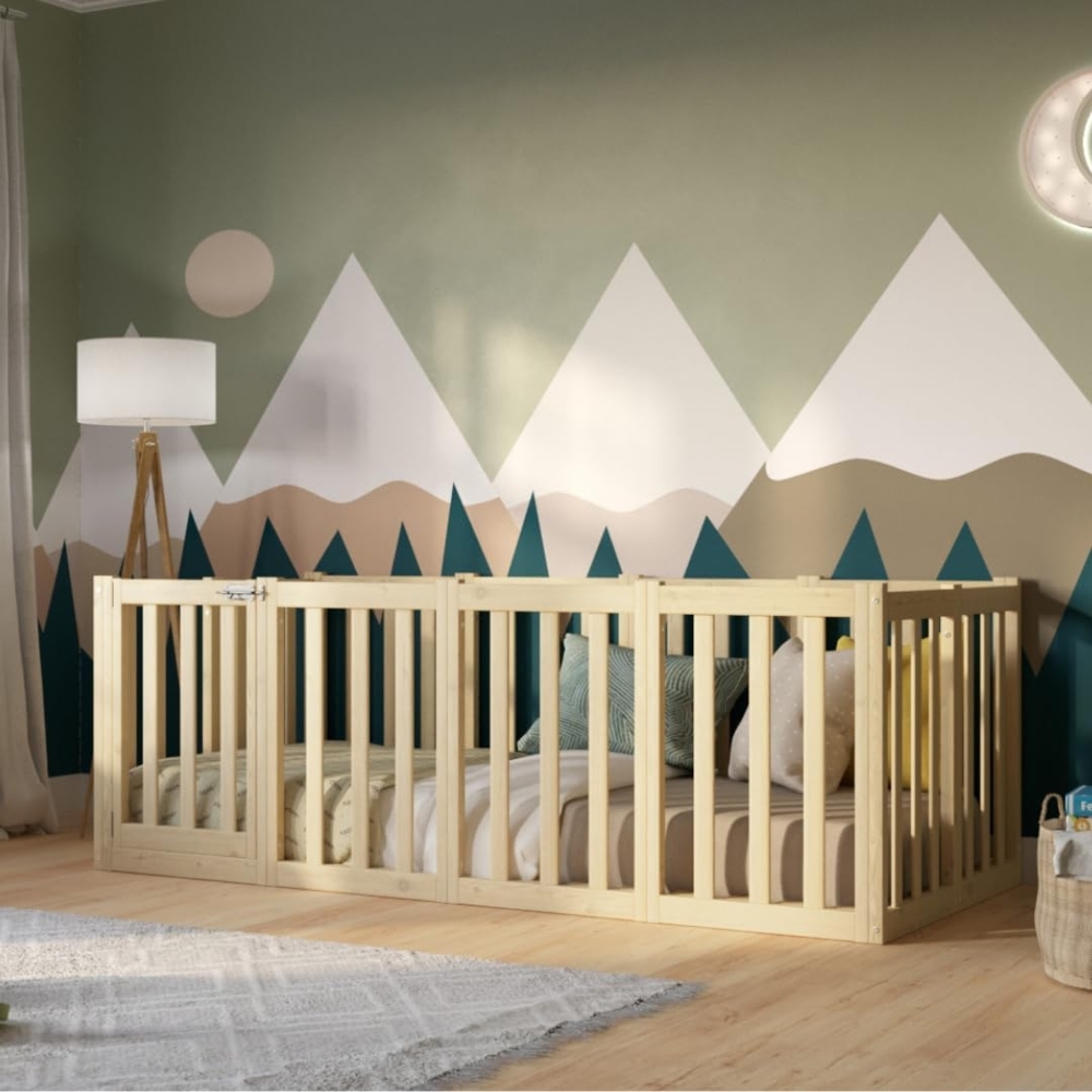Crazy Pine Kinderbett 190x120 cm – Montessori Bodenbett mit Hohem Rausfallschutz 73cm und Öffnbarer Barriere - Natürlichem Holz mit Glatter Oberfläche - Perfekt für Jungen und Mädchen Crazy John Bild 1