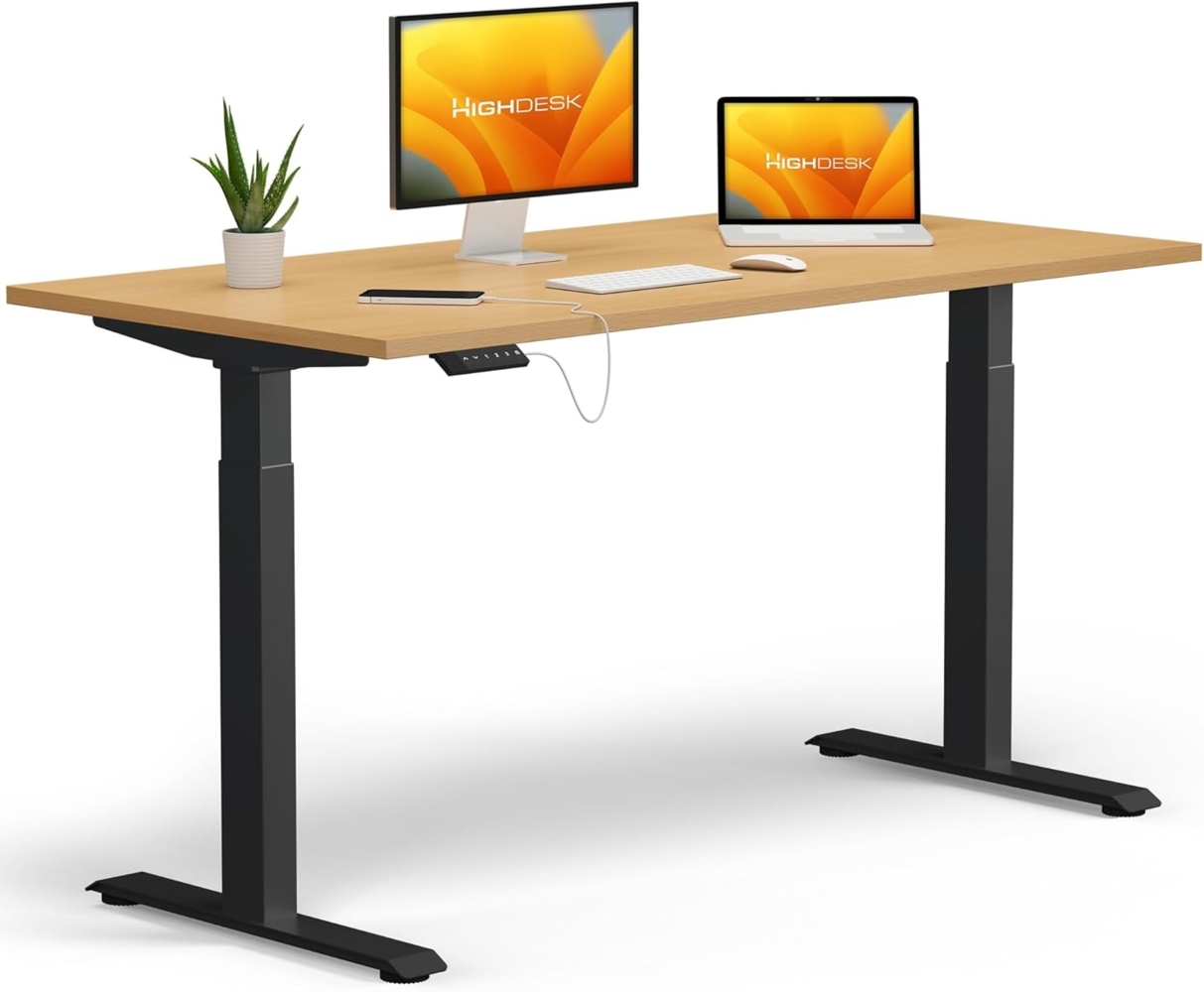 HighDesk Basic Höhenverstellbarer Schreibtisch (200x80 cm I Schwarz + Buche) - Elektrischer Sitz- & Stehtisch mit Tischplatte - Stehschreibtisch Elektrisch Höhenverstellbar - von Krieg Bild 1