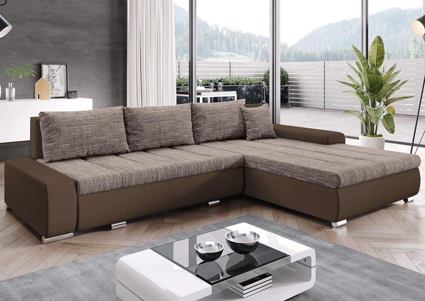 FURNIX Ecksofa Tommaso mit Schlaffunktion und Bettkasten - Couch Sofa mit Kissen - L-Form Sofa, Stellfüße in Chromoptik - B297 x T210 x H85 cm, Liegefläche 255 x 150 cm - MA124-BE03 (Hellbraun/braun) Bild 1