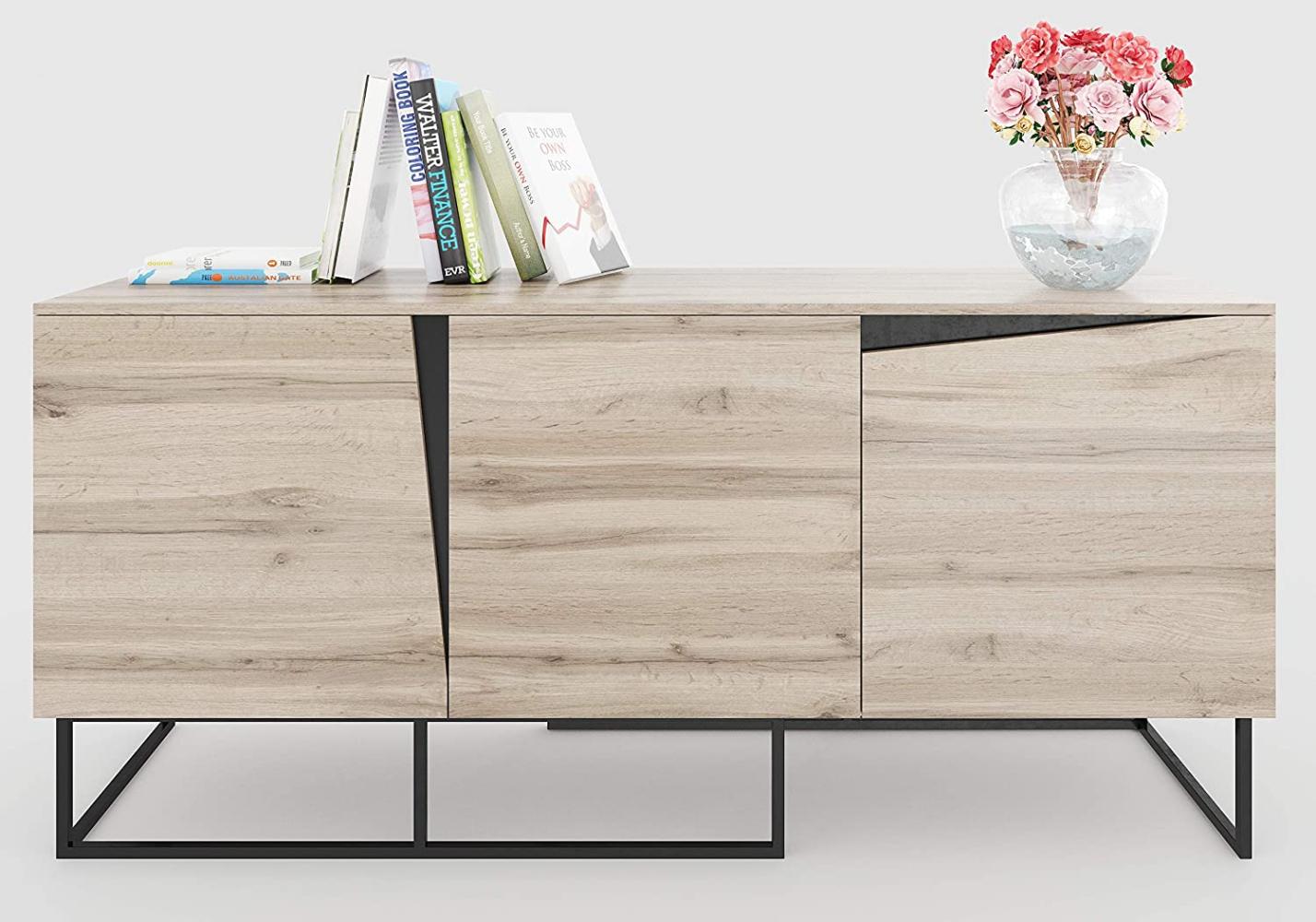 Carv - Sideboard mit 3 Türen, Push-Open-Beschläge, Wild Oak Holzdecor, Metallsockel, modernes Industrial-Design Bild 1