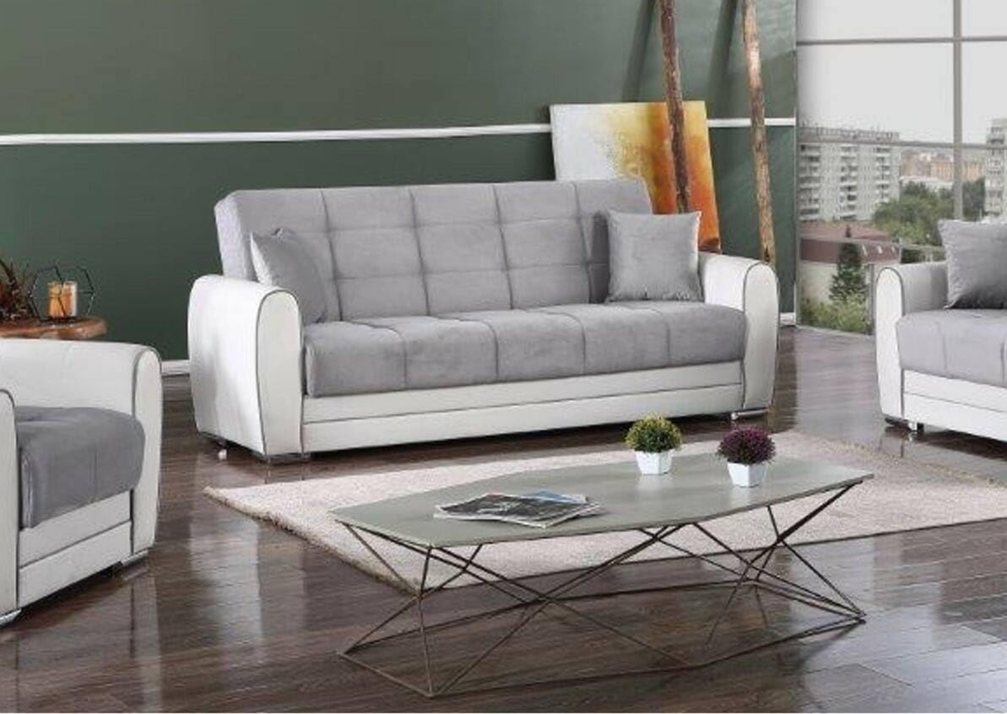 Dmora - Schlafsofa Luis, 3-Sitzer-Container-Schlafsofa aus Kunstleder und Stoff, Wohnzimmersofa aus gepolstertem Stoff mit Klick-Klack-Öffnung, Cm 220x84h91, Weiß und Grau Bild 1