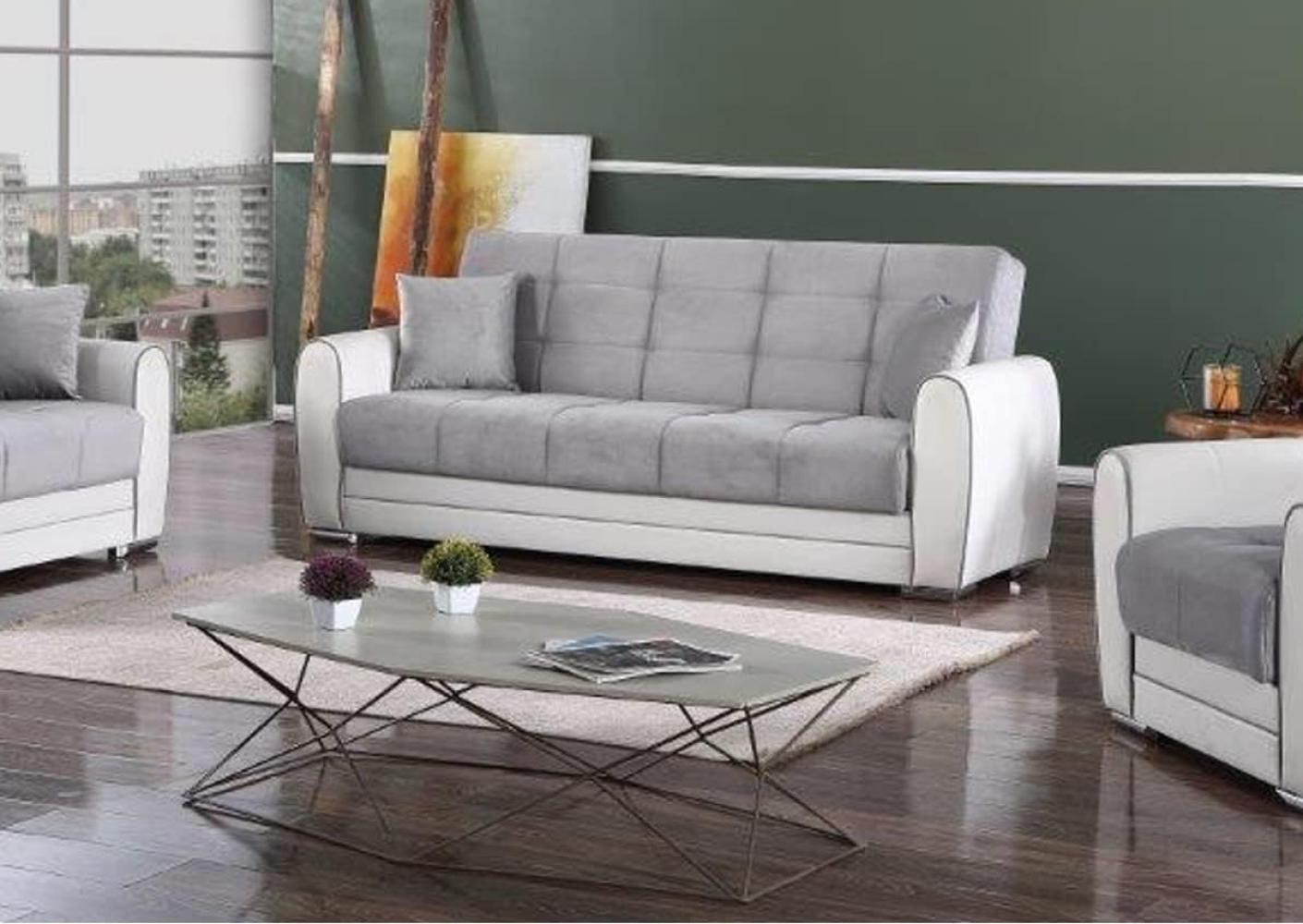 Dmora - Schlafsofa Luis, 3-Sitzer-Container-Schlafsofa aus Kunstleder und Stoff, Wohnzimmersofa aus gepolstertem Stoff mit Klick-Klack-Öffnung, Cm 220x84h91, Weiß und Grau Bild 1