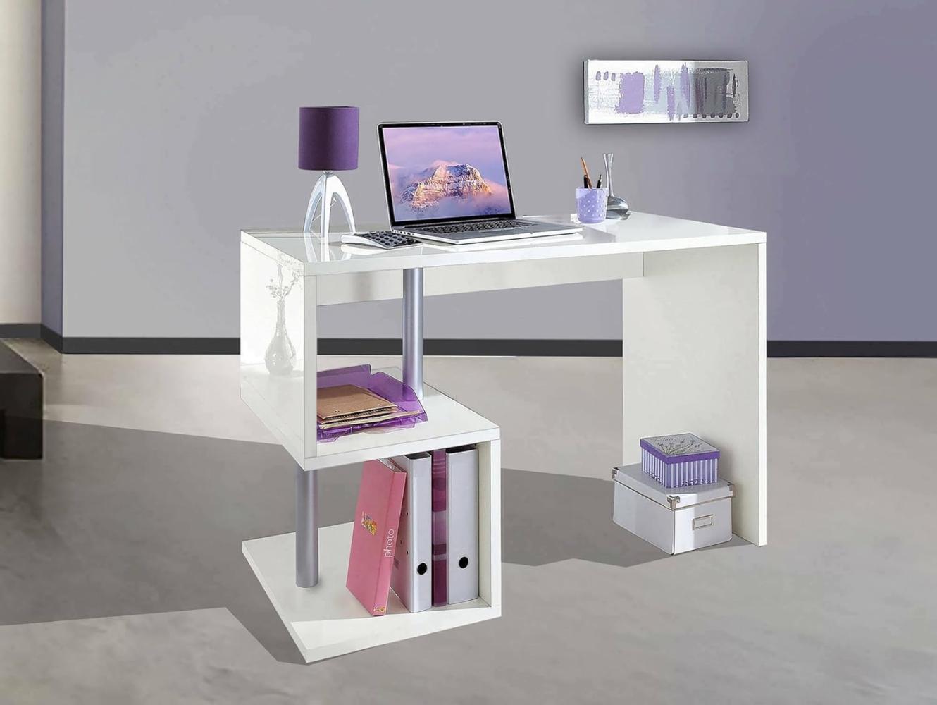 Dmora Esse moderner Schreibtisch für Büro und Arbeitszimmer mit Regal, Made in Italy, Computertisch, PC-Schreibtisch, cm 100x50h78, glänzend weiße Farbe Bild 1