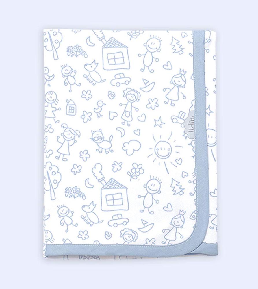 Ti TIN - weiche, saugfähige Babydecke, 80x75 cm | Krabbeldecke aus 100% Baumwolle mit doppellagigen Stoff, Babydecke fürs Auto, Wiege, Kinderwagen, Babyschale, etc, Kinder-Motiv, blau Bild 1