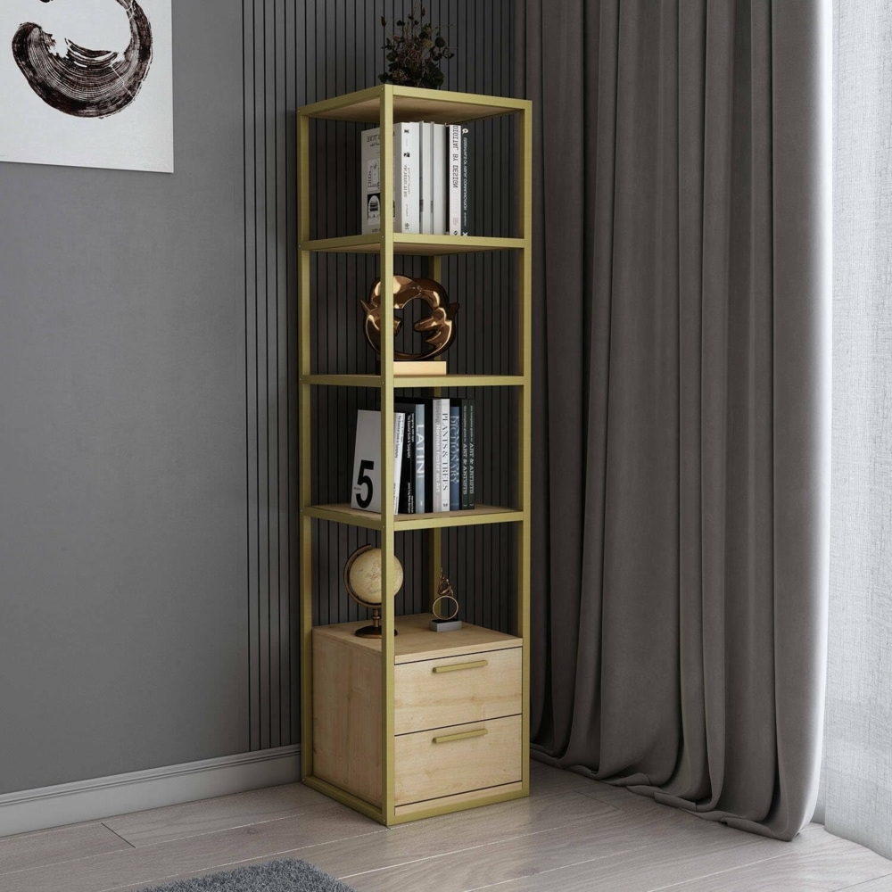 Dmora - Bücherregal Artemis, Büroregal, Mobiler Buchhalter, Bücherbrett, 39x39h169 cm, Gold und Eiche Bild 1