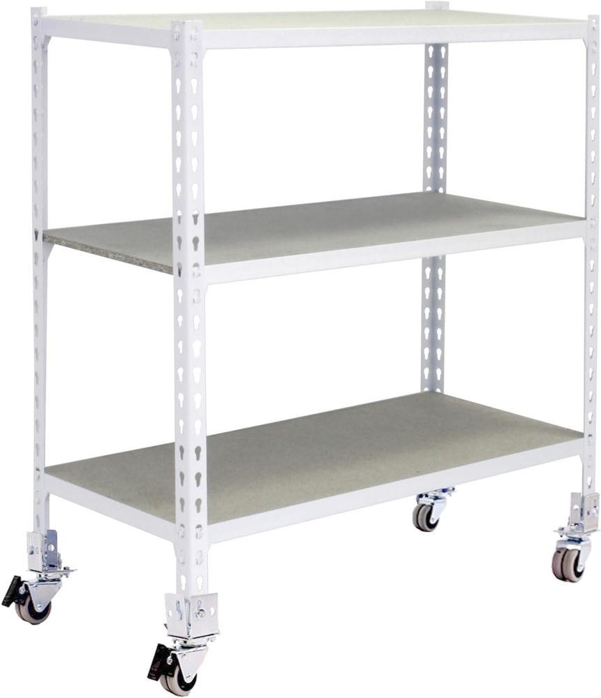 Simon Rack Schwerlastregal mit Rollen, 975 x 1000 x 300 mm, Bis 75 kg Belastbar, 3 Verstellbare Ablagen, MDF-Platten, Kellerregal, Lagerregal, Weiss/Holz - Maderclick Bild 1