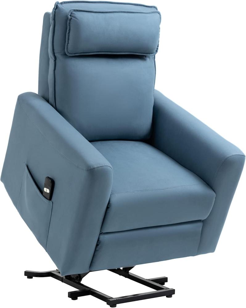 HOMCOM Massagesessel elektrischer Aufstehsessel Relaxsessel mit Aufstehhilfe (gepolstert TV Sessel mit Seitentasche, 1-St, Fernsehsessel mit Liegefunktion), Samt, Blau Bild 1