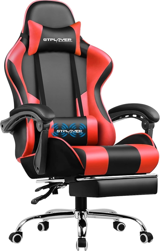 GTPLAYER Gaming Stuhl Bürostuhl Massage Gaming Sessel Ergonomischer Gamer Stuhl mit Fußstütze, Kopfstütze Massage-Lendenkissen, Gepolstert Gaming Chair, Drehsessel, rot Bild 1