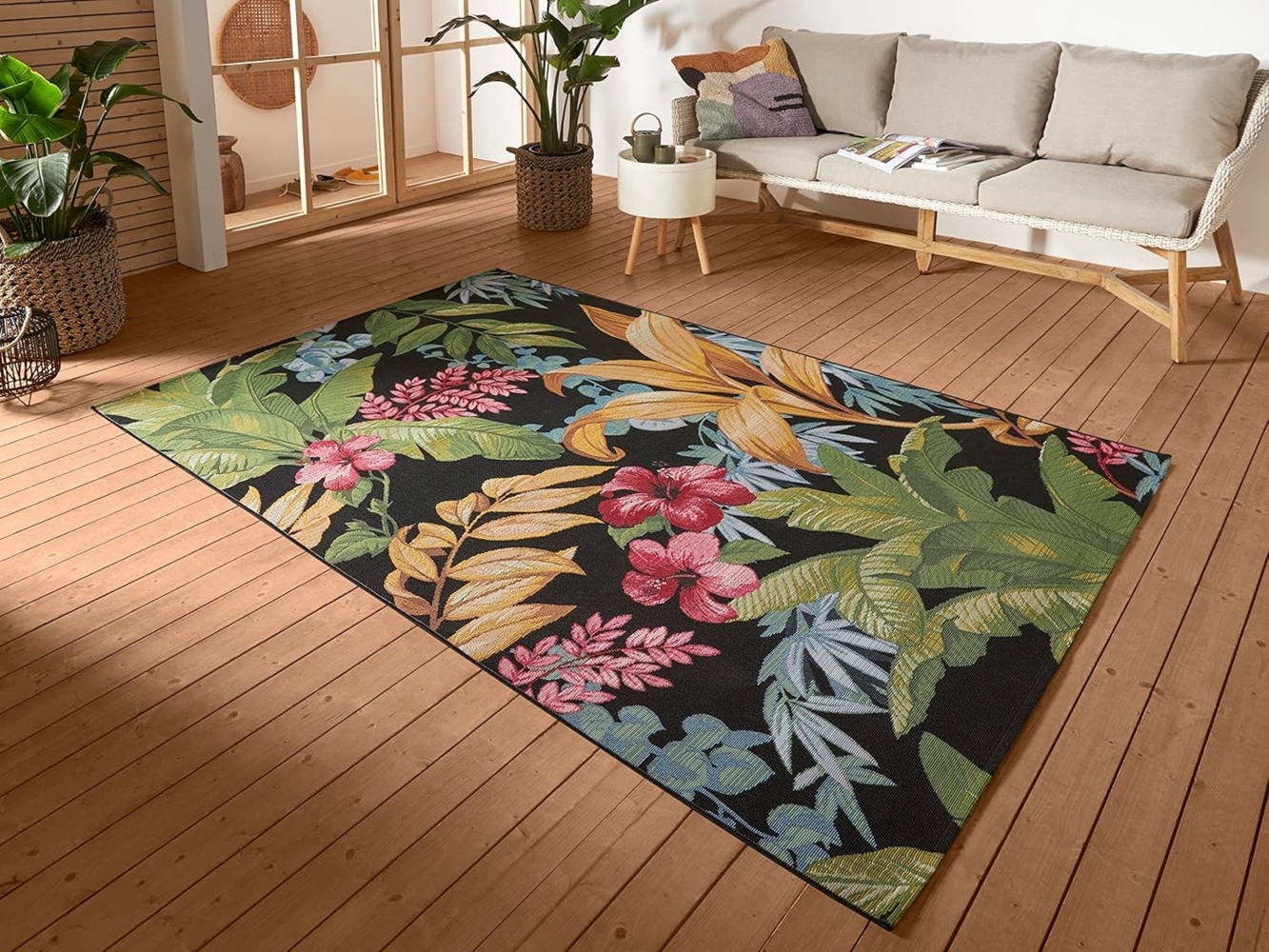 Hanse Home Tropical Flowers In- & Outdoor Teppich – Flachgewebe Aussenteppich, Jungel Blumen Flower Florales Design, ÖKO-TEX Wetterfest & UV-beständig für Balkon, Terrasse, Garten – Bunt, 200x285 cm Bild 1