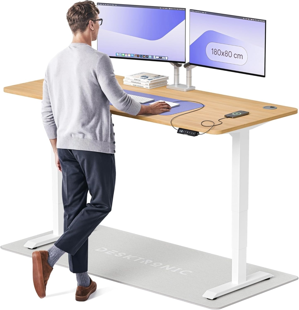 Höhenverstellbarer Schreibtisch - Höhenverstellbar Elektrisch mit Flüsterleisem Dual-Motor & Touchscreen - Hohe Tragfähigkeit - Stehtisch von Desktronic, Weiß + Eiche, 180x80 cm Bild 1