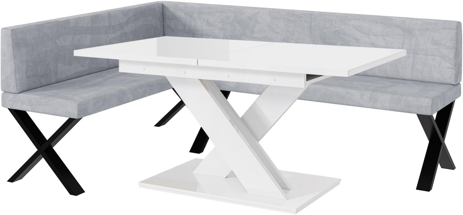 MEBLINI Eckbank für Esszimmer mit ausziehbarem Tisch - Küchenbank - Essecke - Sitzecke Küche - TONI - X-Beine 142 x 196 x 87 cm Links - Hellgrau Samt/B Weiß Hochgl. Bild 1