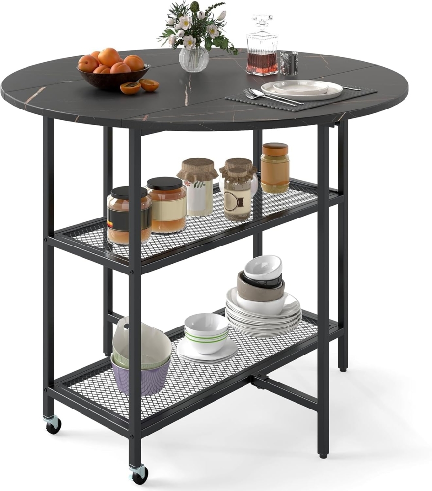 FANTASK Esstisch klappbar für 2-4 Personen, runder Esszimmertisch Küchentisch mit 2 Ablagefächern, mobiler Klapptisch Marmor Optik für Esszimmer, Wohnzimmer (Schwarz) Bild 1