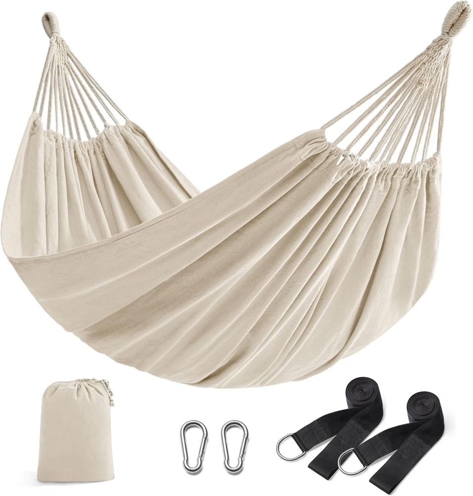 SONGMICS Hängematte, für 2 Personen, 210x150 cm, bis 300 kg belastbar, für Terrasse, Balkon, Garten, Outdoor, mit Transportbeutel, Befestigungsgurte und Karabiner inklusive, Beige GDC15M Bild 1