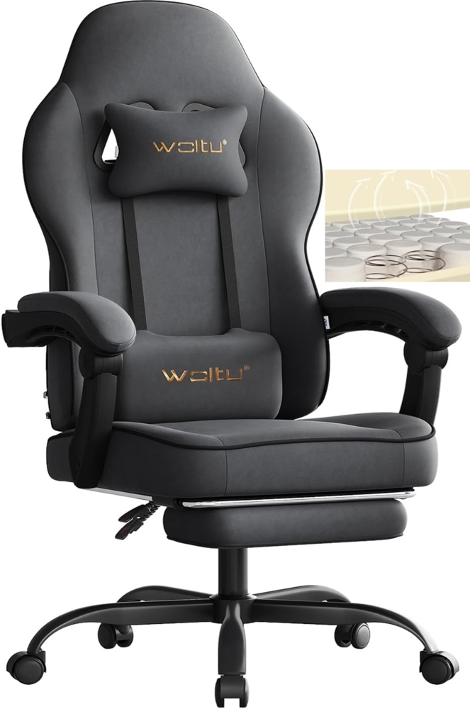 WOLTU Gaming Stuhl mit Taschenfederkissen, Gaming Sessel 150 kg Belastbarkeit, ergonomischer Drehstuhl, Gamer Stuhl mit Kopfkissen, Lendenkissen, Fußstütze, Tech-Stoff, Grau, GS10gr Bild 1