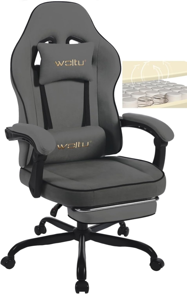 WOLTU Gaming Stuhl mit Taschenfederkissen, Gaming Sessel 150 kg Belastbarkeit, ergonomischer Drehstuhl, Gamer Stuhl mit Kopfkissen, Lendenkissen, Fußstütze, Tech-Stoff, Grau, GS10gr Bild 1