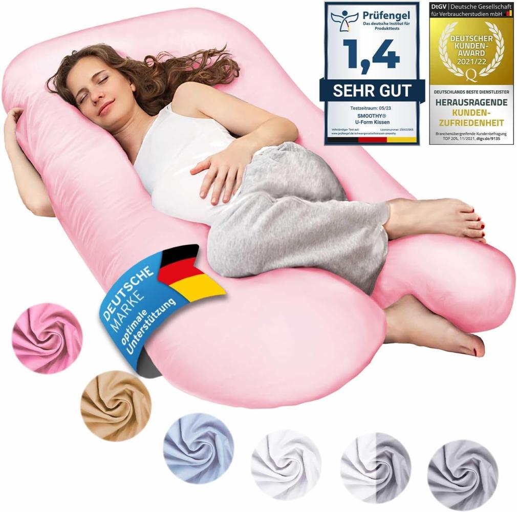 SMOOTHY Schwangerschaftskissen, Seitenschläferkissen, Lagerungskissen, Baby-Kissen & Stillkissen in U-Form mit abnehmbarem & waschbarem Bezug aus 100% Baumwolle (Junior XL, 120 x 70 cm, Pink) Bild 1