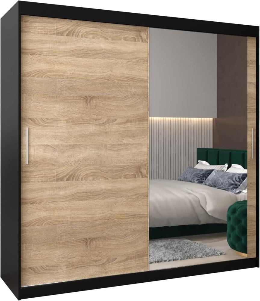 Kryspol Schwebetürenschrank Tokyo 2-200 cm mit Spiegel Kleiderschrank mit Kleiderstange und Einlegeboden Schlafzimmer- Wohnzimmerschrank Schiebetüren Modern Design (Schwarz + Sonoma) Bild 1