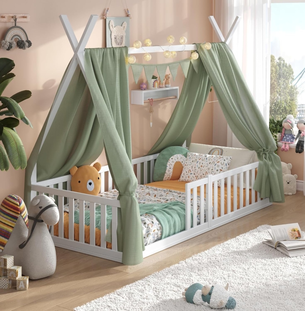 Alavya Home® Kinderbett Bodenbett SKY SET aus Buche – FSC® 100%, Deko & Matratze (Hausbett 80x160 cm SET mit Decoration Khaki, Matratze, Rausfallschutz & Lattenrost Kinderbett 80x160), bodentiefes Jugendbett weiß massiv BUCHE für Junge Mädchen Bild 1
